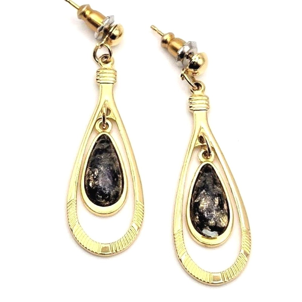 Goldtone Teardrop Hoop Earrings‎ with Gold Flecked Black Stone Dangle Centers